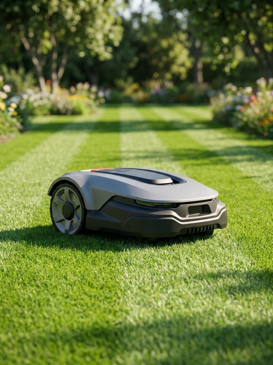 Robotic mower on a striped green lawn
